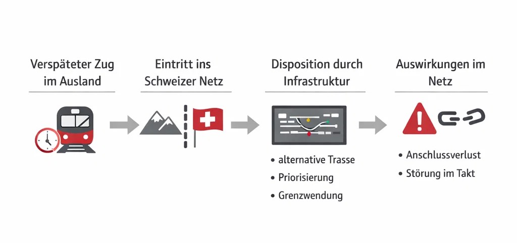 Grafik: Import von Versp&auml;tungen und Wirkung im Schweizer Netz